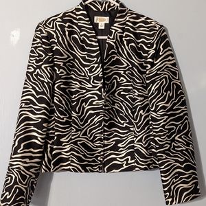 Talbots Silk Wool Blend Crop Zip Lined Zebra Print Long Sleeve Blazer, 12